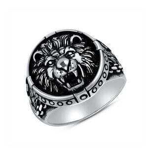 Sterling Silver 925 Oxidized Lion Head Men's Ring